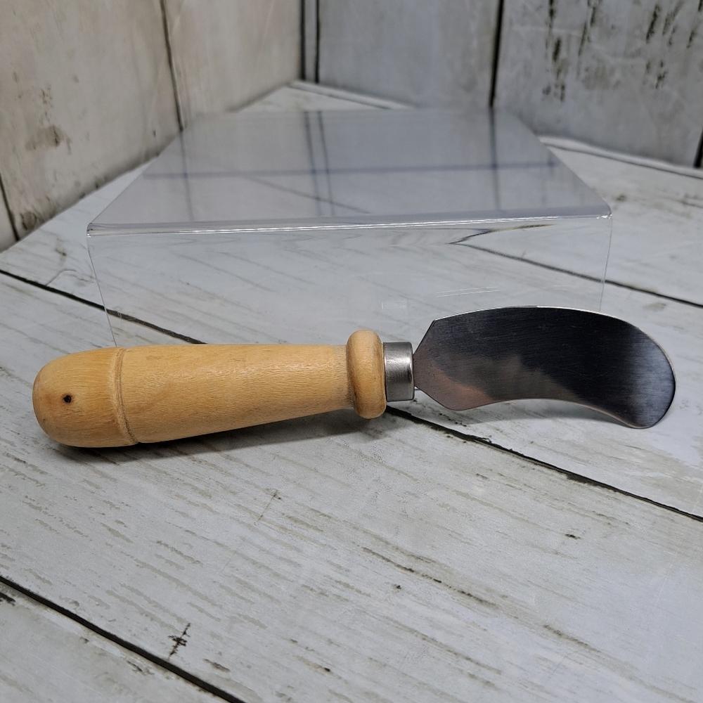 Vtg MCM Metal Cheese Knife Spreader Charcuterie Tool Light Wood Handle